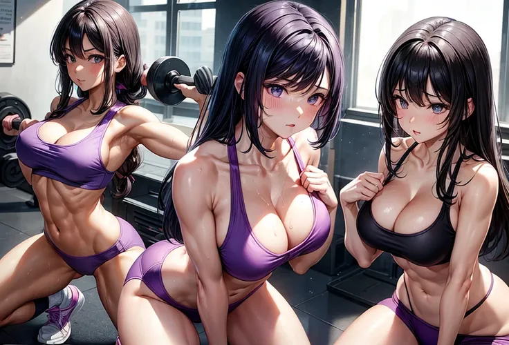 beautiful girl、Big Breasts、Black Hair、Long Straight、Great style、Nice body、Abdominal muscles、Muscular、Training Gym、Sports Bra、Light purple bra top、Cleavage、Light purple bikini pants、Beautiful buttocks、Toned Legs、Prone、Doing push-ups、The whole body is visibl...