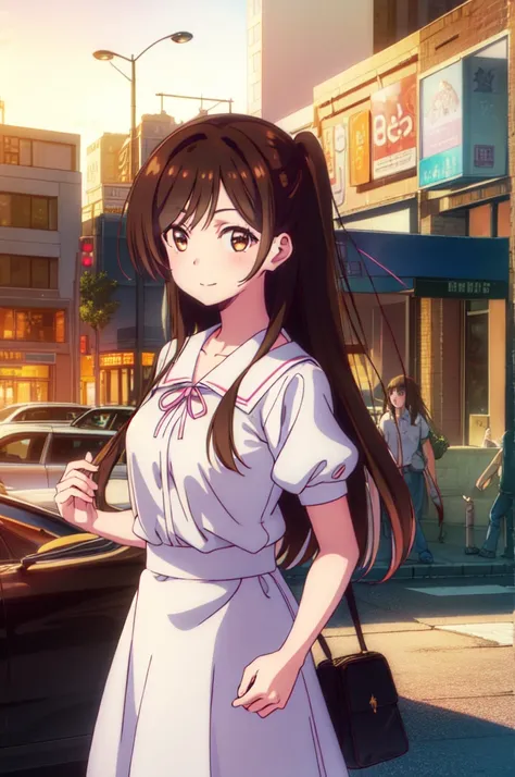 mizuharachizuru, chizuru ichinose, long hair, bangs, brown hair, (brown eyes:1.5), one side up, smile, BREAK skirt, shirt, short sleeves, puffy sleeves, puffy short sleeves, white skirt, pink shirt, BREAK outdoors, city, cityscape, crowd, people, BREAK loo...