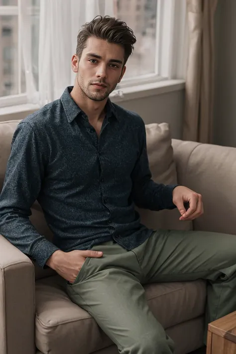 shot by Sony a7 IV Mirrorless Camera, natural light, analog film photo, Kodachrome , handsome men ,Long sleeve shirt and loose pants .sofa
