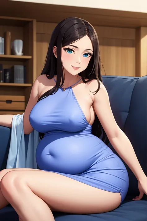 ((Best quality)), ((masterpiece)), (detailed), adult woman, Dress, sitting on the couch, Good shapes, wide hips, dark hair, Hair shine, confident facial expression , House, long legs, high, confident smile, European, the whole body is visible, life ball, B...