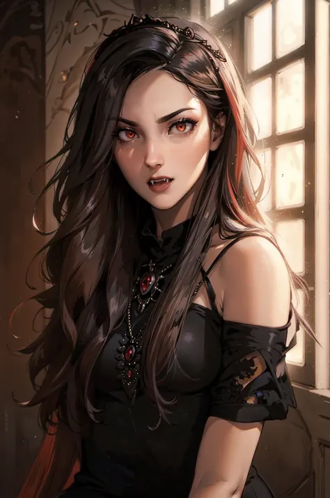 absurdres, ((stunning female vampire))), goth renaissance, (long black hair:1.3), perfect and detailed angular sharp oval shaped...