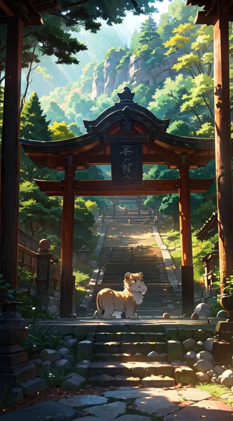 Old torii gate, in the mountains, lion guardian lion, little boy taking a rest, sunlight filtering through the trees