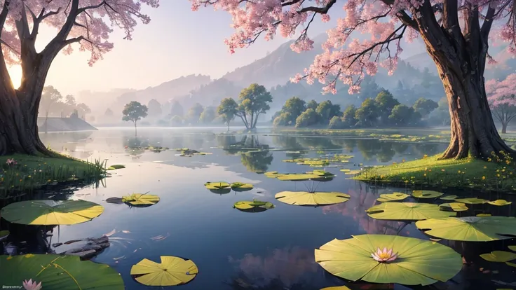 The photo depicts a peaceful scene with lotus flowers and lotus leaves on the water, perhaps a lotus pond. The air looks foggy, suggests a foggy early morning. Some pink lotus flowers are blooming, while the other flowers are still in bud form. Large green...