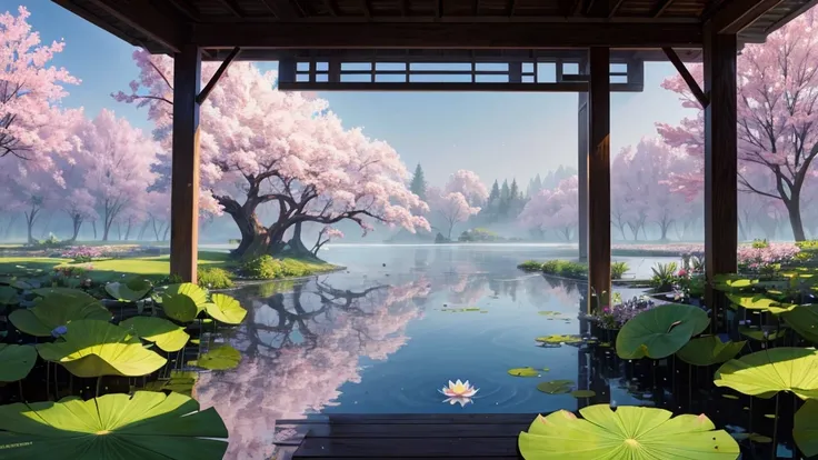 The photo depicts a peaceful scene with lotus flowers and lotus leaves on the water, perhaps a lotus pond. The air looks foggy, suggests a foggy early morning. Some pink lotus flowers are blooming, while the other flowers are still in bud form. Large green...