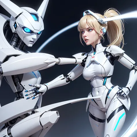 a girl with a full white cyborg body, featuring sleek and high-tech components. She has beautiful blonde ponytail and bangs, blue eyes, and an angry expression. with her polished mechanical limbs and torso emphasizing her intense emotions. ((white robot me...