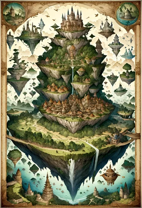 many flying islands, flying islands over ocean, flying kingdom, floating islands, floating realm,  Ancient Fantasy, Highly detailed map, Detailed Map, Height Map magic floating islands, castles and towers, waterfall in the air,