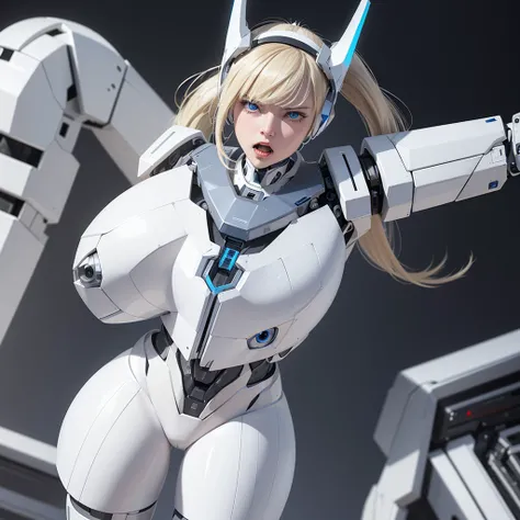 a girl with a full white cyborg body, featuring sleek and high-tech components. She has beautiful blonde ponytail and bangs, blue eyes, and an angry expression. with her polished mechanical limbs and torso emphasizing her intense emotions. ((white robot me...