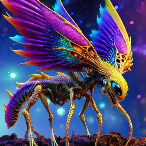 a small bizarre and strange looking brightly coloured alien. Showing the entire, highly detailed body from the side. The entire picture is full of details.  Strange alien landscapes in the background. Big detailed wings and sharp teeth and fangs. a sharp a...