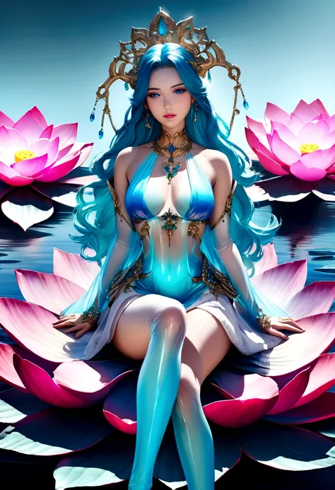 Create an anime-style realistic render of a stunning woman with an outstanding figure, sitting on a lotus, dressed in a beautiful miniskirt with exposed shoulders, a transparent body adorned with fresh flowers and jewelry, with a vitreous luster, high glos...