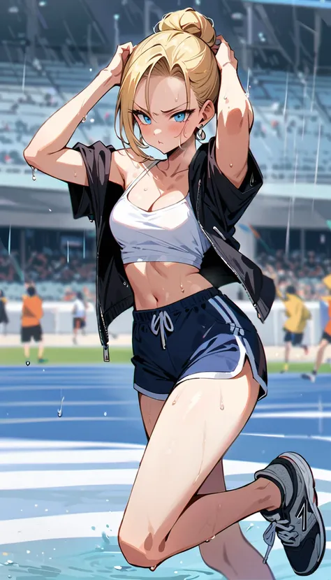 (masterpiece, best quality:1.2), full body, solo, Android 18 from Dragon Ball, ((white slip-on crop top)), ((black dolphin shorts)), (black hooded crop jacket), thighs, midriff, small breasts, sweat, blonde hair, (single hair bun), ((blue eyes)), earrings ...