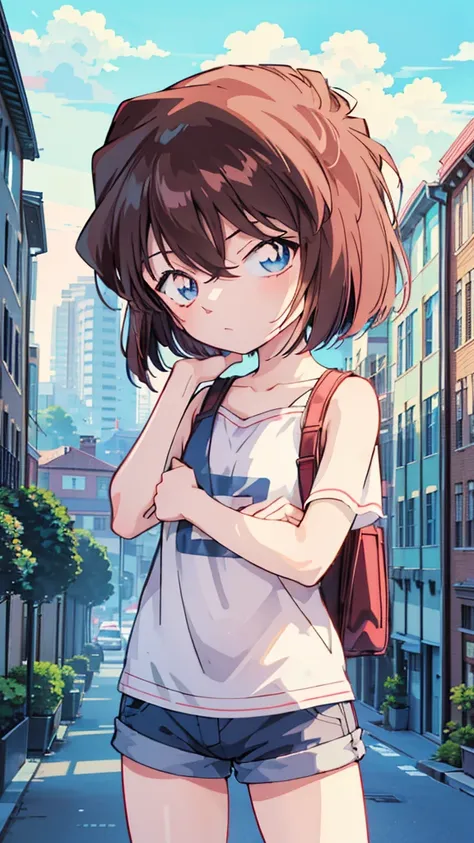 anime style, (1girl in, solo:1.0), (haibara ai), ((short pants)), (((big eyes))), (cute anime girl head), (flat chest),looking a...