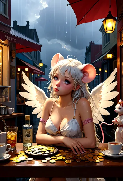 Mucha style , Hallucination, daydream , nightmare , Insane Dream , bokeh , erotica , realistic female mouse , (Cleavage:0.9) , realistic long nose , cafe de oni , Coins, Rubber Bands, and a Reversal of Innocent , Lost Dog and Beat of the Rain , A bad dream...