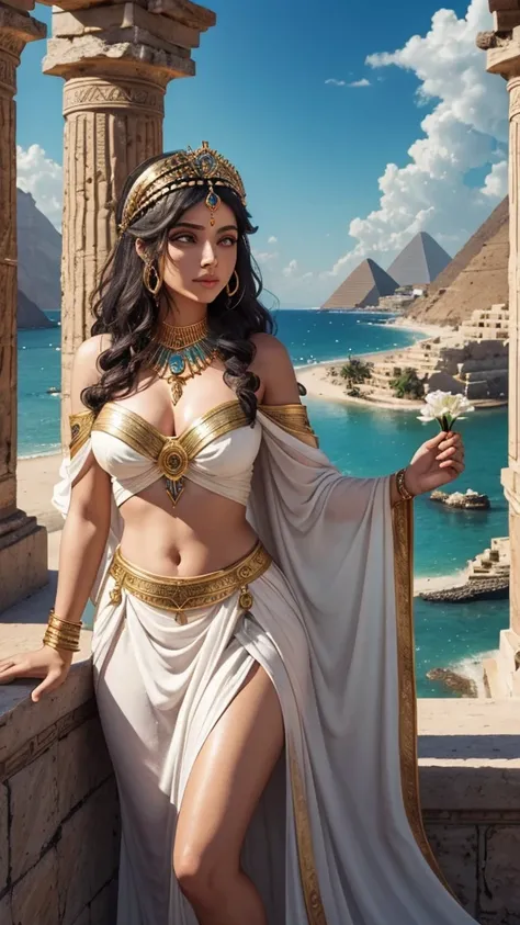 A imagem retrata Atena, Afrodite e Cleopatra juntas, simbolizando sabedoria, amor, beleza, e poder. They are situated in a majestic environment that combines elements of ancient Greece, do Egito e de uma paisagem celestial.

Atena:

Appearance: Athena is a...