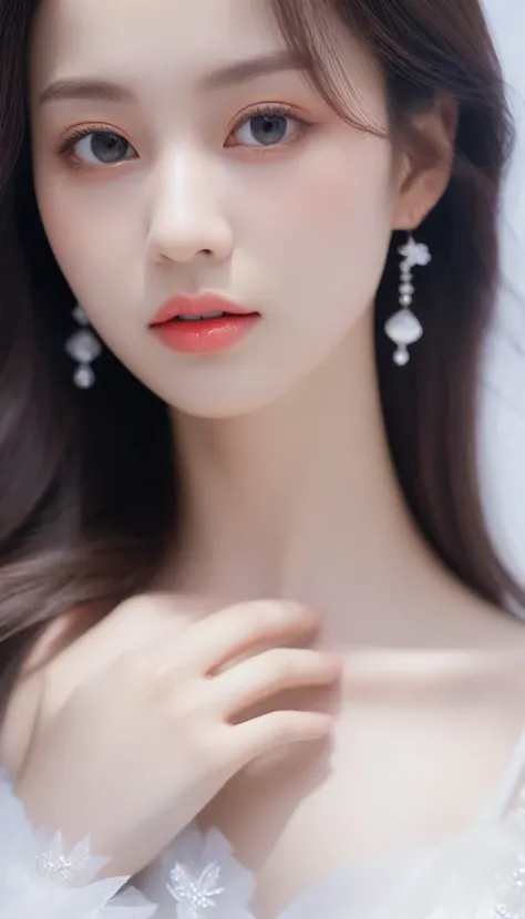 Close-up of a long-haired woman in a white dress, Soft portrait shots 8 k, artwork in the style of Gu Weiss, Gu Weiss, Beautiful face, Practical. cheng yi, Cute and delicate face, Long hair and sharp eyes, beautiful Practical face, Extremely beautiful face...