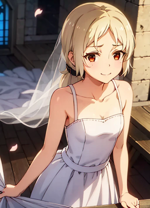 (masterpiece, best quality:1.2),

1girl, short hair, brown eyes, blonde hair, smile, blush, looking at viewer,
wedding dress, wedding ring, petals, flower, church,embarrassed,
