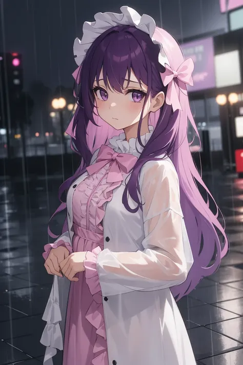 A girl, looking at viewer, long purple hair, standing in the rain, sad, white idol costume, pink ribbon, frill, her hair and clothes are soaked from the rain, rainy cityscape, with raindrops falling around her. The overall mood is melancholic but serene.