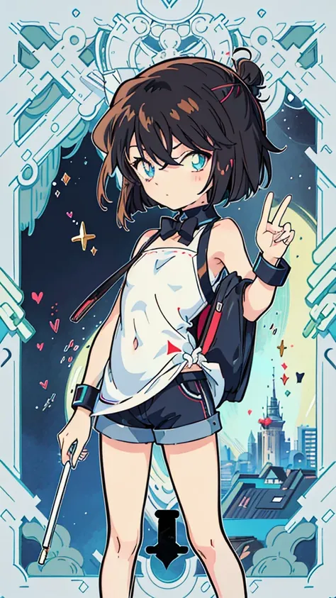 anime style, (1girl in, Solo:1.0), (Haibara Ai), ((Short pants)), (((Big eyes))), (Cute anime girl head), (flat chest),looking at viewer,With a height of 100cm, shoot from front, (head shot), Simple line minimalism, Abstract Art, City background