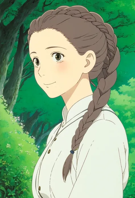 A Ghiblis studio character. Who is androgynous, who have their hair tied in a big braid. The