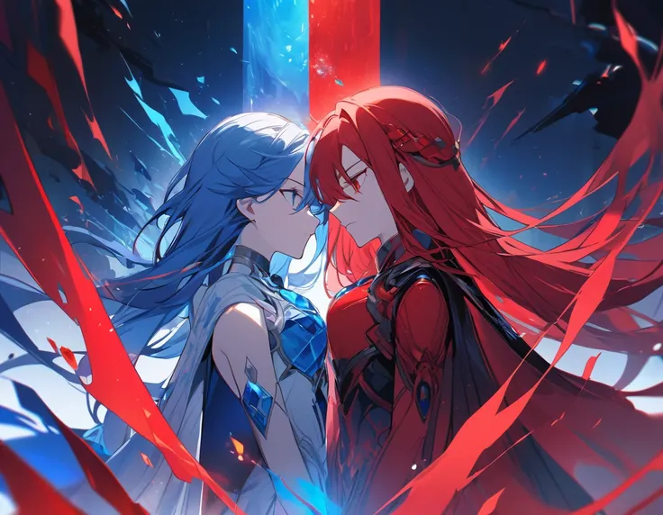 Two girls, blue haired goddess, red haired goddess, facing each other, conflict, blue jewel, blue world, blue light, red jewel, red world, red light,