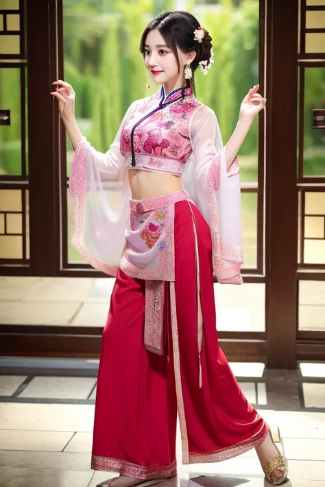 The woman is wearing a chiffon oriental ancient dance costume, a tulle shawl on the outside, and chiffon trousers on the bottom. She is an oriental beauty with a very Chinese style. The costume is very Song Dynasty style. She has her back to the woman, her...