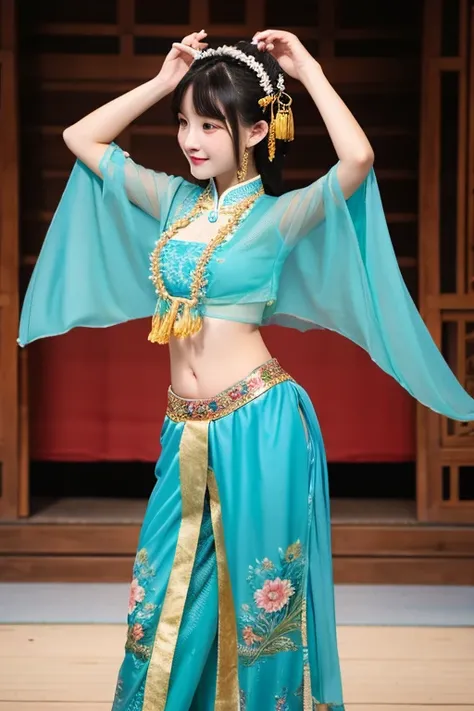 The woman is wearing a chiffon oriental ancient dance costume, a tulle shawl on the outside, and chiffon trousers on the bottom. She is an oriental beauty with a very Chinese style. The costume is very Song Dynasty style. She has her back to the woman, her...