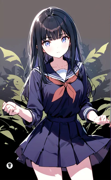 A beautiful girl with long black hair with bangs wearing a brown polo  and blue skirt and a white headband over her head