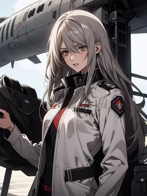 (Confused, High resolution, Very detailed), 1 female, Silver Hair,Long Hair,Reddish brown eyes,Red and black pilot suit,White long coat,Navy blue skinny pants,24th generation,beauty,mature,thin,quiet,Calm,In the cockpit,talk,Intimidation,Unpleasant,Annoyin...