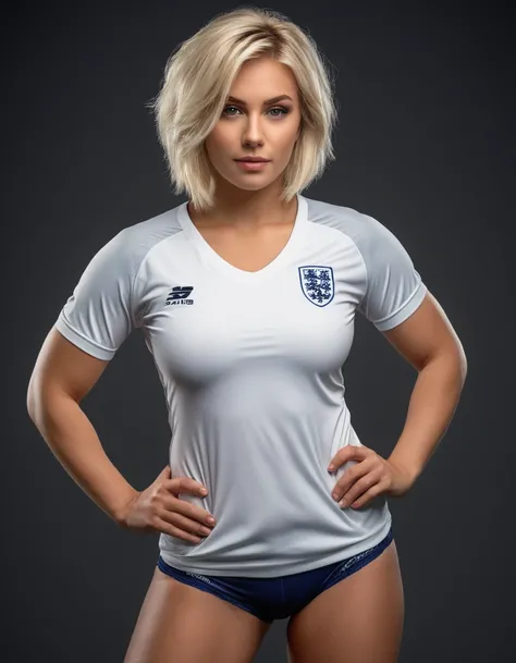 beautiful blonde woman wearing a tight England football shirt and lace gstring panties, full body picture, intricate detailed face, perfect body, athletic body, beautiful detailed eyes, beautiful detailed lips, long eyelashes, muscular athletic figure, dyn...