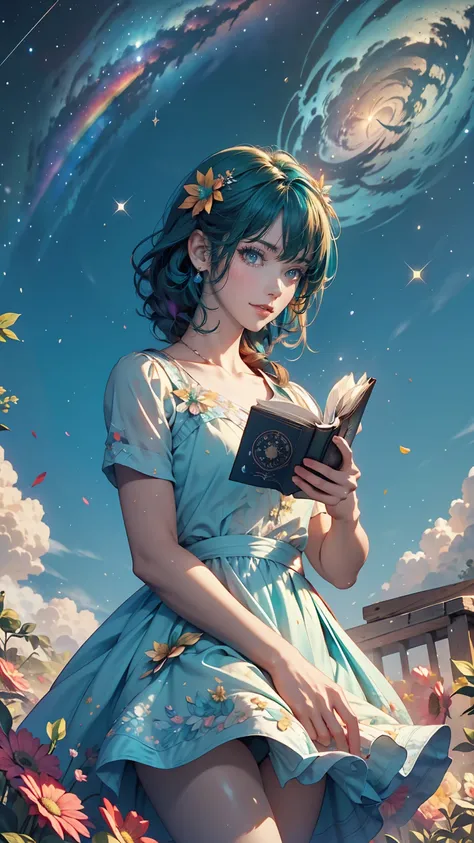 (Highest quality, masterpiece), One girl, Reading a book, particle, Wind, flower, Upper Body, Simple Background, View your viewers, Rainbow Hair, Teal short floating dress, universe, nebula, Milky Way