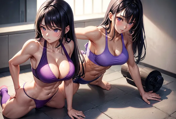 beautiful girl、Big Breasts、Black Hair、Long Straight、Great style、Nice body、Abdominal muscles、Muscular、Training Gym、Sports Bra、Light purple bra top、Cleavage、Light purple bikini pants、Beautiful buttocks、Toned Legs、Prone、Doing push-ups、The whole body is visibl...