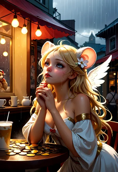 Mucha style , Hallucination, daydream , nightmare , Insane Dream , bokeh , erotica , realistic female mouse , (Cleavage:0.9) , realistic long nose , cafe de oni , Coins, Rubber Bands, and a Reversal of Innocent , Lost Dog and Beat of the Rain , A bad dream...