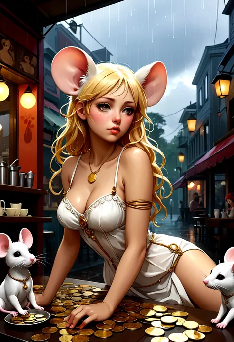 Mucha style , Hallucination, daydream , nightmare , Insane Dream , bokeh , erotica , realistic female mouse , (Cleavage:0.9) , realistic long nose , cafe de oni , Coins, Rubber Bands, and a Reversal of Innocent , Lost Dog and Beat of the Rain , A bad dream...