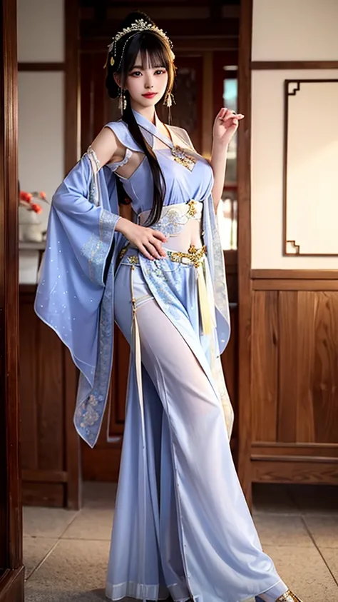 The woman is wearing a chiffon oriental ancient dance costume, a tulle shawl on the outside, and chiffon trousers on the bottom. She is an oriental beauty with a very Chinese style. The costume is very Song Dynasty style. She has her back to the woman, her...