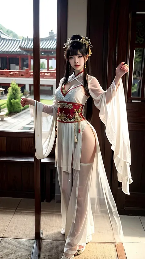 The woman is wearing a chiffon oriental ancient dance costume, a tulle shawl on the outside, and chiffon trousers on the bottom. She is an oriental beauty with a very Chinese style. The costume is very Song Dynasty style. She has her back to the woman, her...