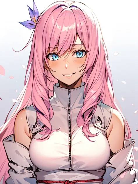 ((spiked hair)), ((long hair)), ((light pink hair)), ((light blue eyes)), ((cheerful expression)), (shinobi clothing)), ((light skin)), ((flowers)), ((complementary colors)), ((mature female)), 1girl, beautifully drawn, high resolution illustration, best q...