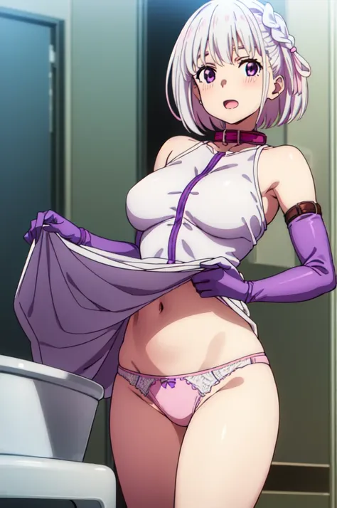 best quality, masterpiece, highly detailed, hakuren, solo, light smile, open mouth, grey hair, short hair, braid, purple eyes, white dress, collar, bare shoulders, elbow gloves, medium breasts, floating clothes, purple gloves, standing, head tilt, looking ...