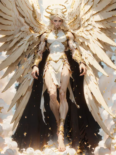 (cara delevingne), ((((((1 muscular angel girl)))))), (((huge upper body))), long hair, ((((huge angelic wings))), (((pale skin))), ((((full body front view)))), (((perfect hands, perfect fingers))), (((empty background)))