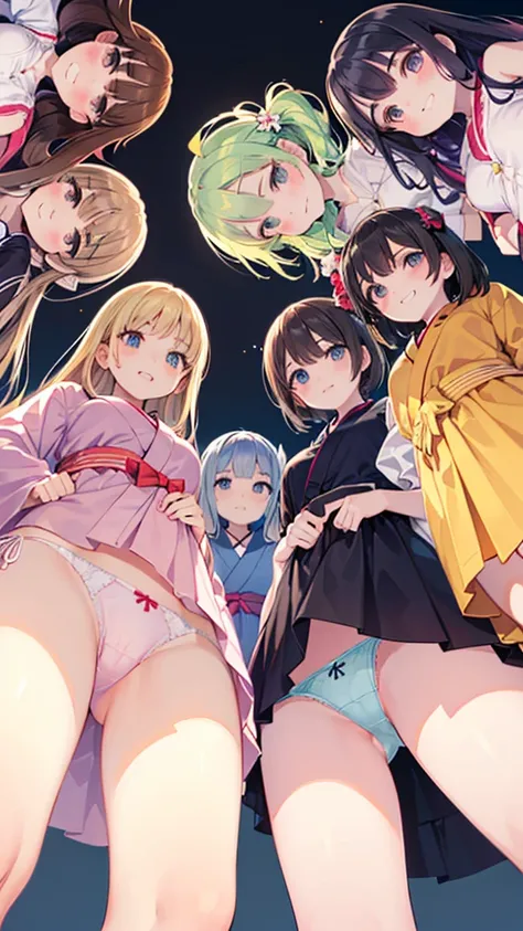 (((focus panties))), (I look up at the five girls from the ground.)、(Five girls are standing in a circle around me, looking down at me.)、circle、(seductive grin), (((5 giant girls)))、((angle from below)), 5 young face, (thighs), 5panties, belly button、(angl...