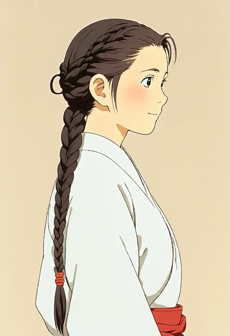 A Ghiblis studio character. Who is androgynous, who have their hair tied in a big braid. He wears traditional clothing 