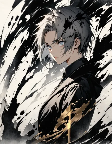 Short grey hair Sharp eyes　28 years old　Holding a golden long sword　Damaged black suit　Ink painting art
