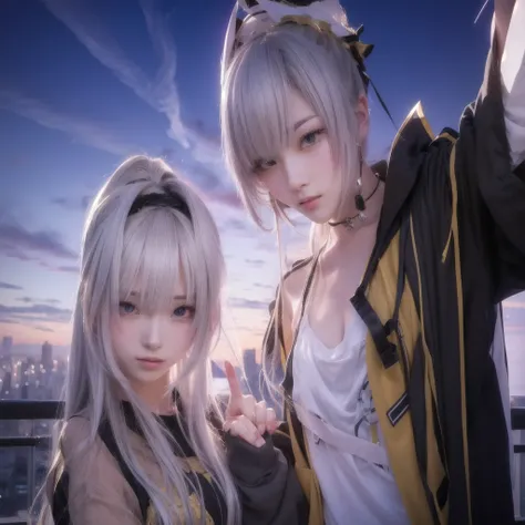 anime characters male and female posing for a picture in front of a city