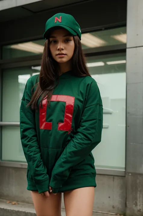 girl wearing green, wearing red clothes, wearing a hat, with the N logo