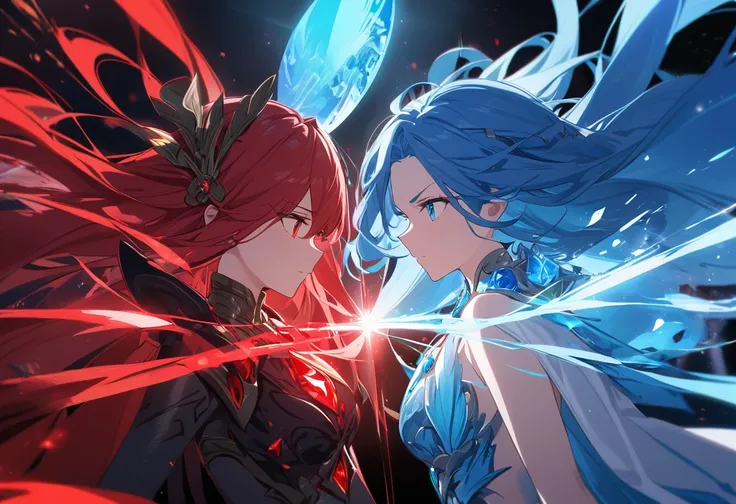 Two girls, blue haired goddess, red haired goddess, facing each other, conflict, blue jewel, blue world, blue light, red jewel, red world, red light,