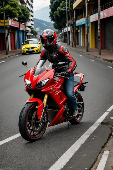 Fotos de una persona manejando moto una tt200 que se vean las calles de medellin y sitios importantes que sean lo mas realistas posibles que las fotos se vean como si se tomaran desde la parte delantera de la moto roja 