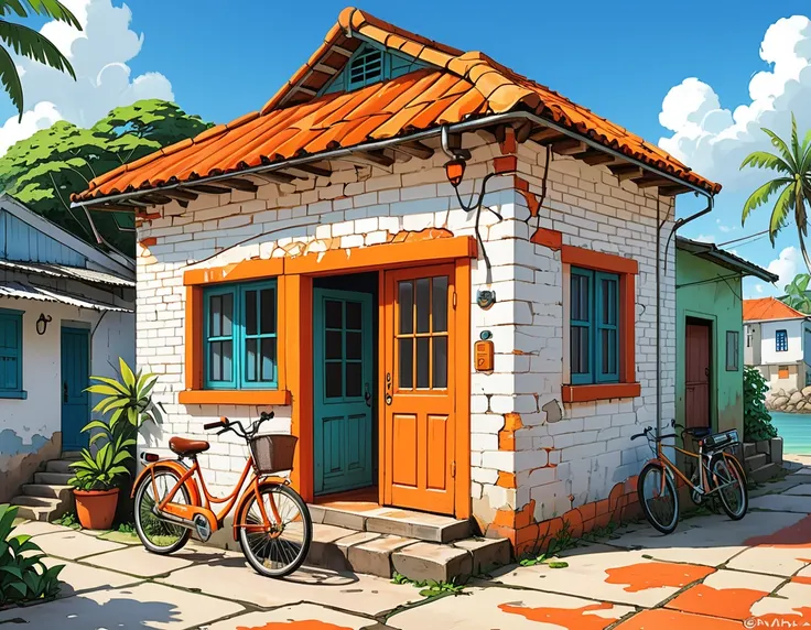 hyperrealistic 3D cartoon style beautiful one-story brazilian brick cabin painted in white, peeling wall paint, cracks and apparent infiltrations, at a coastal town of bahia with an orange bicycle parked in front, in studio ghibli art style , niji anime-ma...