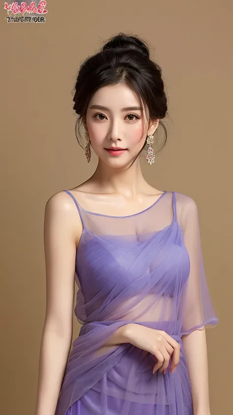 The upper body is a layer of soft tulle draped chiffon round neck low-cut short cheongsam, the lower body is a layer of soft draped chiffon Tang Dynasty long tube dress, Tang Dynasty bun, very delicate face with oriental beauty, lotus tulle soft draped chi...