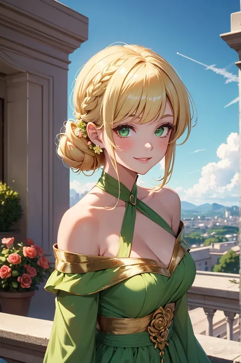 1girl, elaborate blonde updo hairstyle with bangs, almond shaped green eyes, wearing an off shoulder pastell green regency inspired dress with simple gold and flowers, flower accessories, slight makeup, rose lipgloss, smiling softly, absurdres, high res, u...