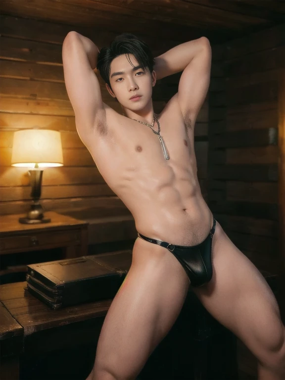 Black hair, Big bulge, very hairy armpits, hairy pubic, hairy crotch, Cute handsome face, In the dirty alley, Zephyr stands bound, WEARING Tiny thong, his wrists encased in supple leather cuffs that accentuate the lines of his forearms. A bondage chest har...