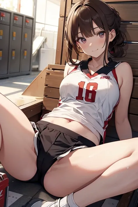 brown hair, chignon, bister eyes, 1gilr, white volleyball uniform, sleeveless, shorts, Tight clothes, thighs,, 17years old, locker room  , {{{masterpiece}}}, {{{best quality}}}, {{ultra-detailed}}, {illustration}, {{an extremely delicate and beautiful}}, {...