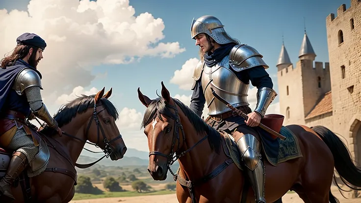 cavaleiro medieval,lutando em uma batalha com espadas e outros soldados caidos ,